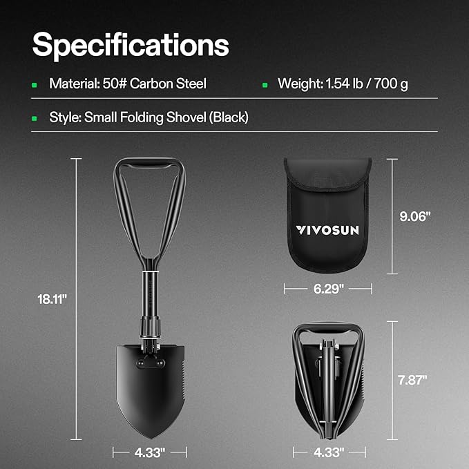 VIVOSUN Folding Camping Shovel, 18'' Survival Shovel, Portable Small Shovel with High Carbon Steel, Tactical Entrenching Tool for Hiking, Digging, Backpacking, Gardening, Off Road, Beach
