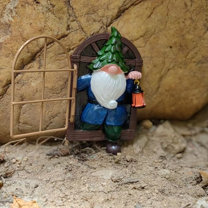 Garden Gnome Open The Door Garden Decor Resin Tree Faces Decor Outdoor Fairy Garden Patio Lawn Porch (Blue)