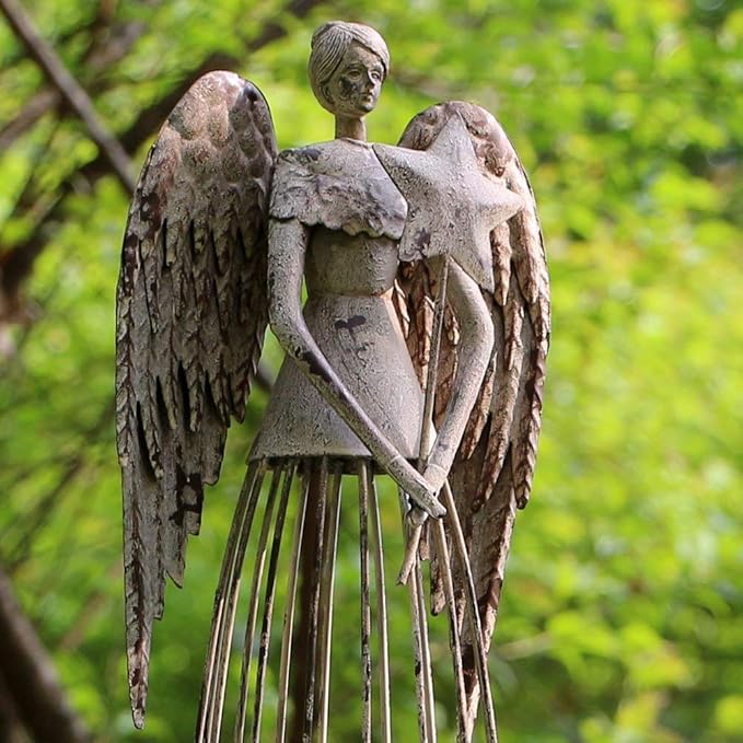 Antiqued Metal Garden Angel Statue with Star Wand, Indoor Outdoor Angel Yard Art Decor Lawn Patio Decorations Holiday Decor Garden Present Idea, 26"H (Star Wand)