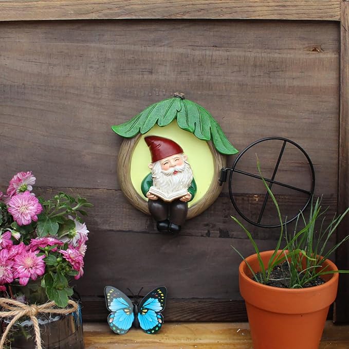 Resin Garden Gnome Statue Outdoor, Luminous Fairy Garden Gnome Reading Book Figurine and Butterfly Decoration 4.73in Luminous Elf Peeker Yard Art Sculpture Home Decor for Patio Yard Mother