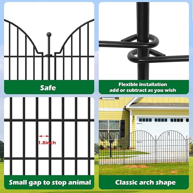 Decorative Metal Garden Fence with Gate Lock 5 Panels, 32in (H) x 11.8ft (L) No Dig Dog Fence Outdoor for Yard, Temporary Rustproof Metal Wire Rabbit Dog Garden Border Fencing for Patio