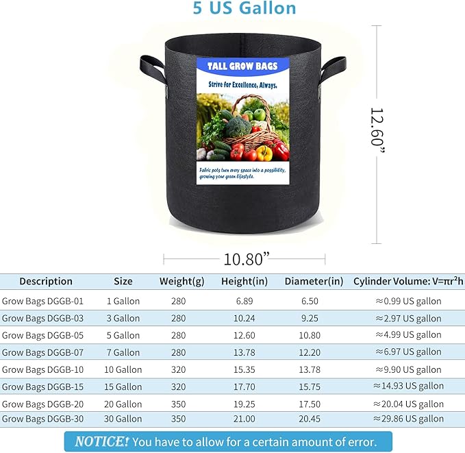 5 US Gallon 8 Pack Tall Grow Bags for Vegetables, Heavy Duty Nonwoven Aeration Fabric Deep Grow Pots with Handles