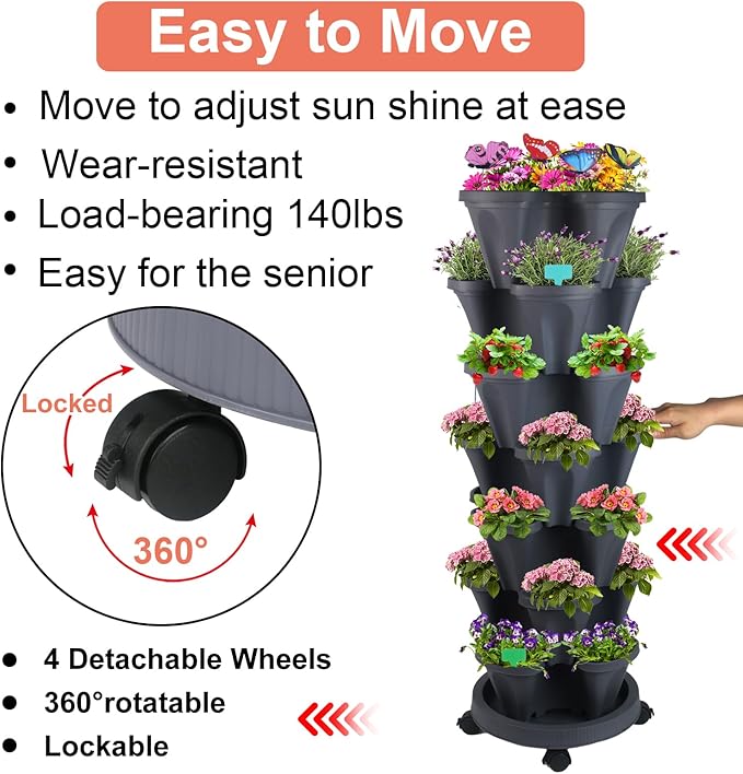 GameXcel Vertical Planter, 7 Tier Stackable Strawberry Planter with Garden Tool Set, Movable Indoor/Outdoor Garden Herb Pot for Growing Vegetables and Succulents, Dark Gray