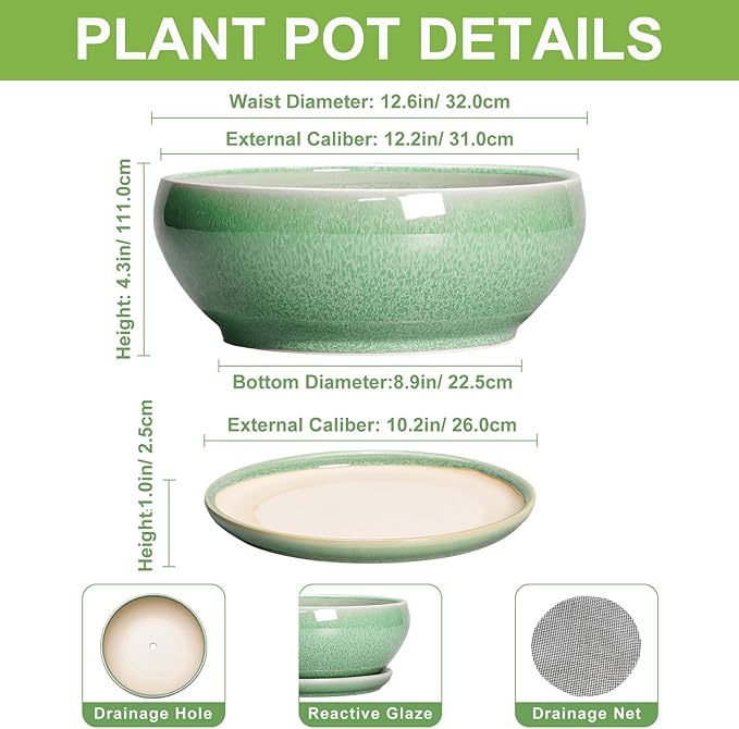 SQOWL Succulent Planter 12 Inch - Ceramic Bonsai Pots with Drainage Hole and Saucer, Large Shallow Planter, Bowl Round Planter for Indoor Outdoor Plants Flower, Room Decor, Birthday Gifts, Green