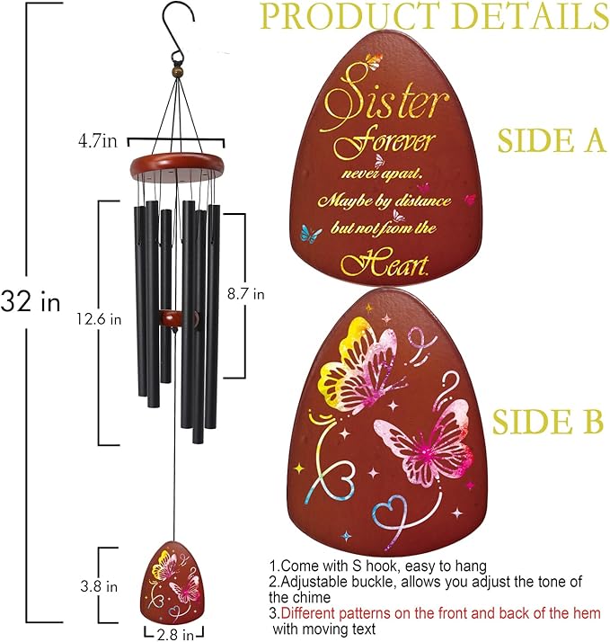 Sister Birthday Gifts idea Wind Chimes, Butterfly Sister Gifts for Sister, Sister Gifts from Sister for Thanksgiving Chirstmas Birthday Wedding Graduation Gift for Sister, Sister-in-Law
