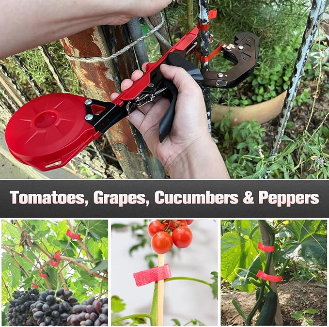Professional Plant Tying Machine to Bind Tomatoes and Grapes Effortless Garden Tape Tool for Gardeners Farmers, Including Spare SK5 Blade, Garden Tapes and Staples, Red/Black