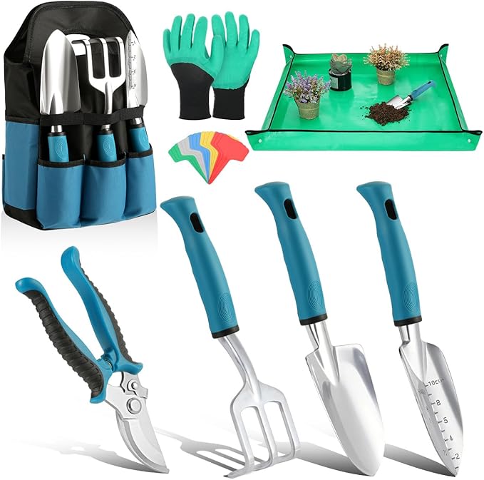 Housolution Gardening Tools Set, 8PCS Heavy Duty Garden Tools with Non-Slip Rubber Grip with Large Garden Bag for Aluminum Alloy Hand Tools for Gardening,Gardening Gifts for Women and Men, Blue+Black