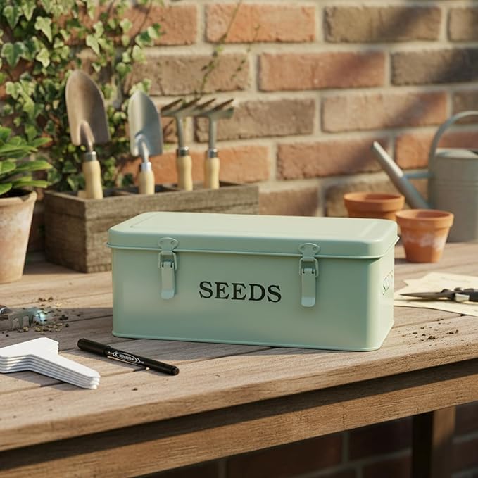 Seed Storage Organizer,Metal Seed Saving Box with Lid and Safety Locks, 4 Compartment Seeds Saver Kit with 2 Pens,20 Plant Labels and 50 Seeds Envelopes, Green Gardening Gift