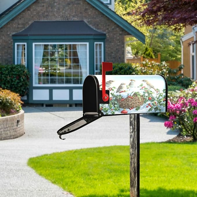 SUABO Mailbox Cover Birds Holly Berry Oversize Magnetic Mailbox Covers Wraps for Christmas Home Yard Garden Decor