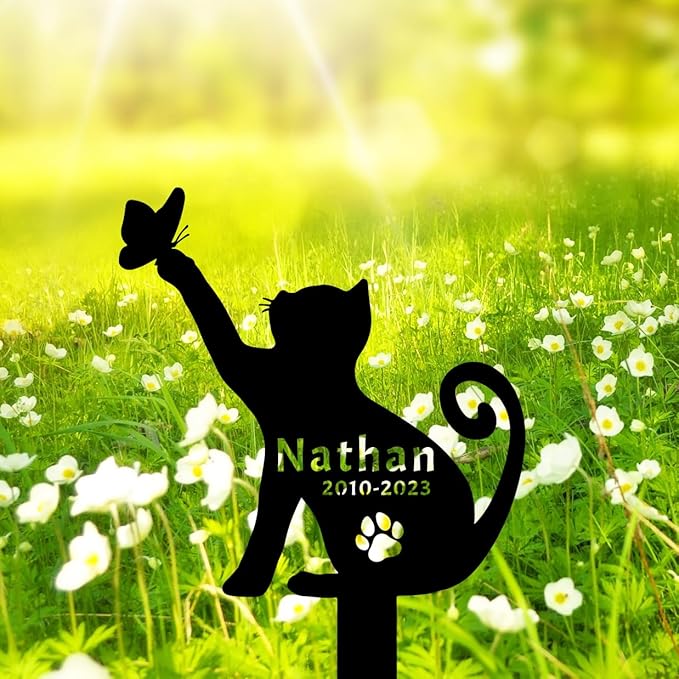 Personalized Name Memorial Garden Stake Pet Metal Grave Marker, Custom Butterfly Cat Memorial Grave Marker Stake, Customized Butterfly Cat Memorial Stake Remembrance Stake with Paw