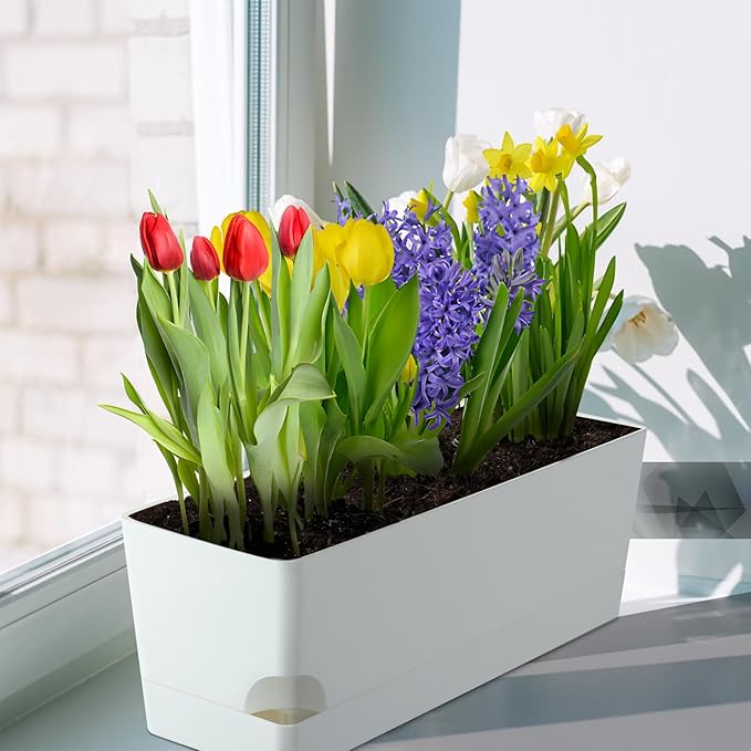 4 Pack Self Watering Pots for Indoor Plants 17 Inches Window Boxes Planters Rectangular Flower Pots Rectangle Herb Pots Large Plant Pots with Drainage Holes and Saucers Windowsill Planter, White