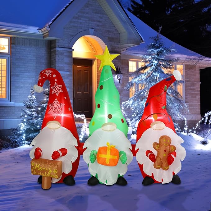 6 FT Long Christmas Gnomes Inflatable Outdoor Decorations, Inflatable Gnomes with Sign and Gingerbread Man Built-in LED Lights Blow Up Yard Decorations for Holiday Indoor Outdoor Party Garden Lawn