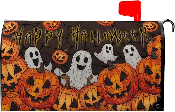 Happy Halloween Mailbox Cover Ghost Mail Box Covers Magnetic Standard Size 21x18 inch Pumpkin Post Letter Box Cover Wrap Outdoor Decor for Garden
