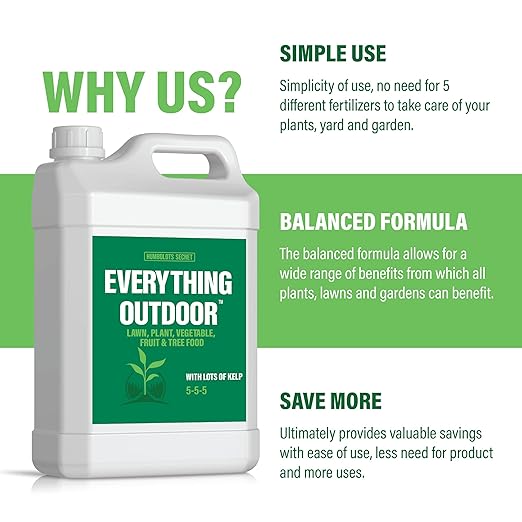 Humboldts Secret Everything Outdoor Plant Food | 5-5-5 Liquid Fertilizer with Norwegian Kelp | All Purpose Lawn, Vegetable & Fruit Food | Garden Nutrients | Refillable Hose End Bottle | 2.5 Gallon