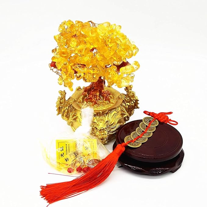 Feng Shui Yellow Quartz Crystal Tree, Bonsai Style Money Trees Decoration for Luck and Wealth (Dragon pots)
