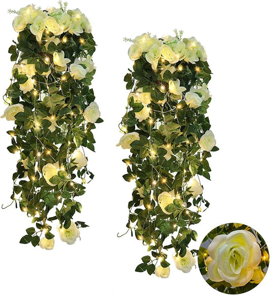 RECUTMS Artificial Plants Hanging 2Pieces 3.3Ft Rose Plant Flowers Vines Wedding (White)