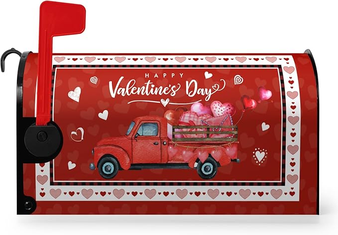 Happy Valentine's Day Mailbox Cover Red Truck and Heart Mailbox Wrap with Magnetic Strip Love Holiday Mailbox Post Letter Box Cover Standard Size 21" X 18" for Outdoor Decor