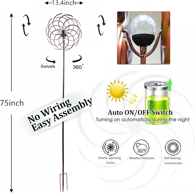 Solar Wind Spinner Improved 360 Degrees Swivel Warm White LED Lighting Glass Ball with Kinetic Wind Spinner Vertical Metal Sculpture Stake Construction for Outdoor Yard Lawn & Garden.
