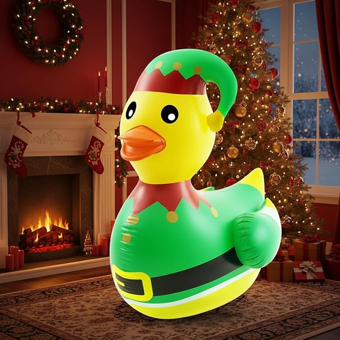 Hungdao 1 Pcs 4 Feet PVC Christmas Giant Inflatable Elf Duck Huge Rubber Large Blow up Duck Christmas Pool Floats for Xmas Holiday Indoor Outdoor Pool Decorations