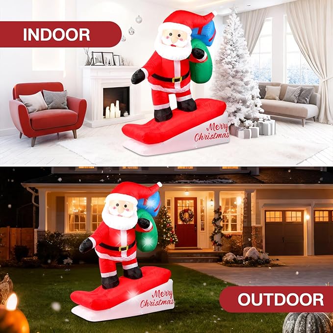 6FT Christmas Inflatables Decorations Outdoor，Blow Up Skiing Santa Claus with Built-in LEDs Lights for Indoor Holiday Party Yard Garden Lawn Décor