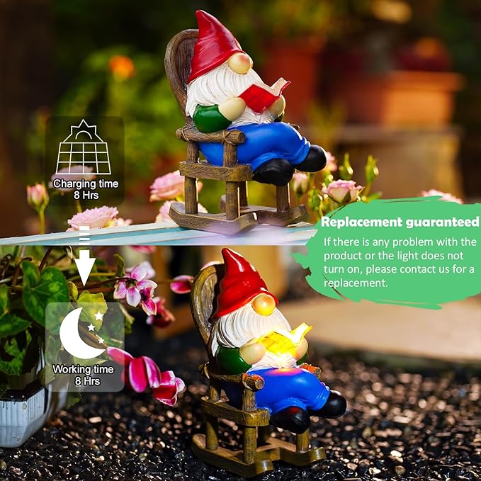 Gnome Reading Solar Statue - Outdoor Solar Gnome Reading on a Chair Garden Decor - Unique Design Ideal Gifts for Women,Mom