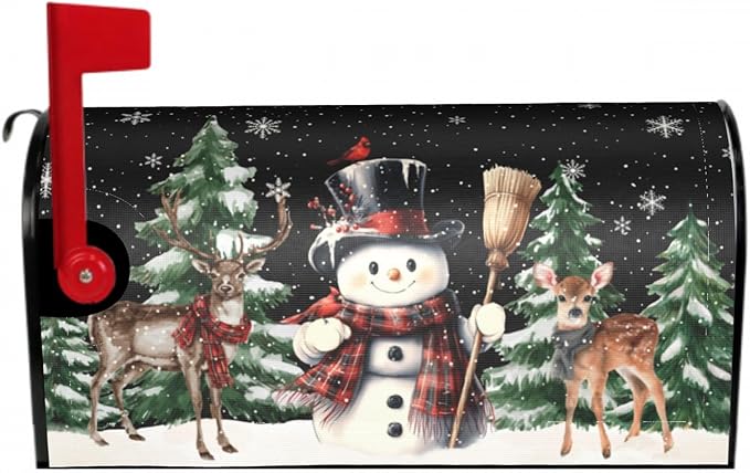 Winter Black Mailbox Covers Magnetic Standard Size 18 x 21 Inch Snowman Snowflake Reindeer Tree Letter Box Cover Outdoor Mail Wraps Cover for Garden Home Yard Decor
