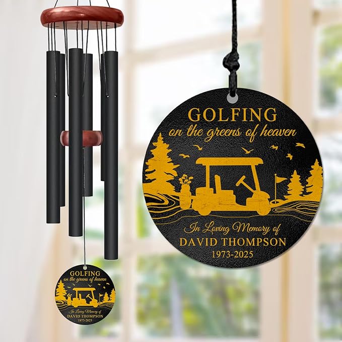 Personalized Golf Memorial Wind Chime – “Golfing on The Greens of Heaven” Custom Name, Years – Sympathy Gift for Loss of Loved One – Remembrance Windchime for Golfers & Bereavement Tribute Décor