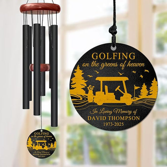 Personalized Golf Memorial Wind Chime – “Golfing on The Greens of Heaven” Custom Name, Years – Sympathy Gift for Loss of Loved One – Remembrance Windchime for Golfers & Bereavement Tribute Décor