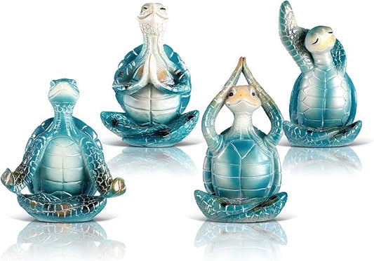 4 Pcs Sea Turtle Meditation Yoga Decor Zen Sea Turtles Garden Statue Figurines Coastal Ocean Beach Bathroom Decor Turtle Gifts for Women Yogis Home Office Decorations(Classic)