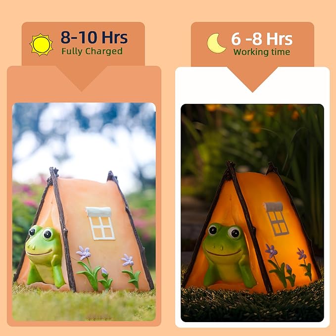 Solar Frog Garden Statues Outdoor Decor, Resin Outdoor Tent Statues with Solar Light , Yard Decorations Outdoor for Patio, Porch, Balcony, Lawn Ornaments, Housewarming Birthday Gifts for Mom Women