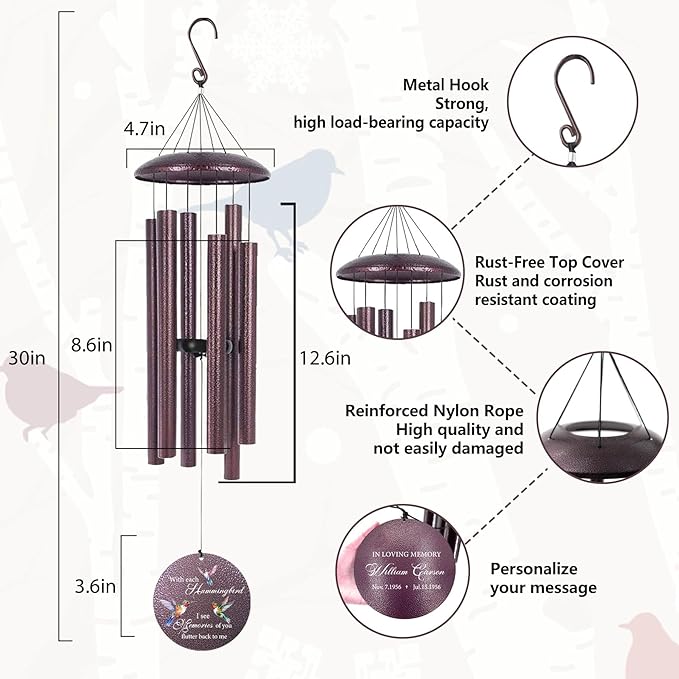ASTARIN Personalized Memorial Wind Chime for Loss of Loved One 30/36/42 inch, Sympathy Deep Tone Wind Chimes for Mom Dad/Mother Father, Remembrance Gifts for Grief Condolence Funeral, Bereavement 46