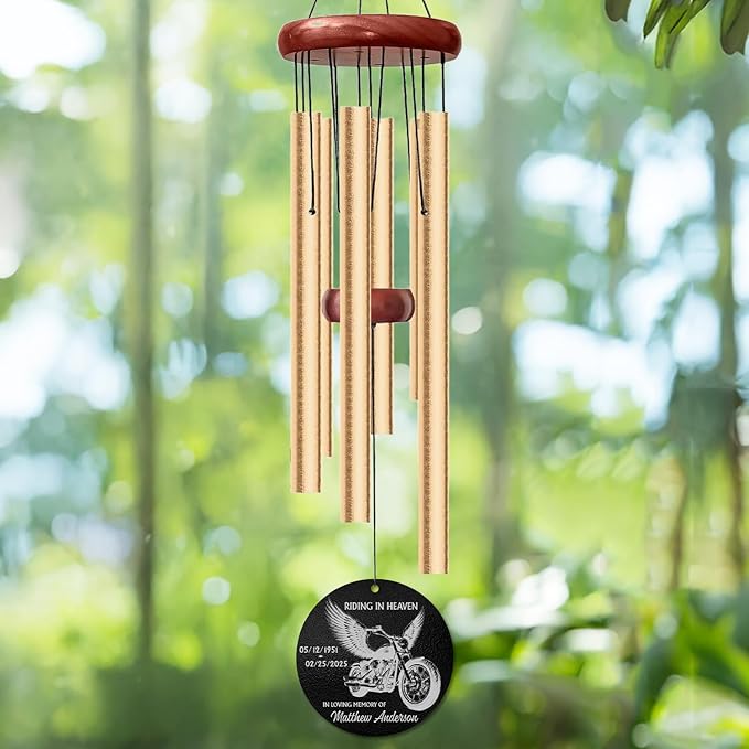 Personalized Motorcycle Memorial Wind Chime – “Riding in Heaven” Custom Name & Dates – Angel Wings Biker Tribute Gift – Outdoor Sympathy Windchime for Loss of Loved One – Memorial Garden Décor