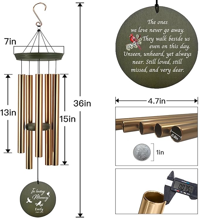 Personalized Sympathy Wind Chime, Sympathy Gifts for Loss of Loved One, Cardinal Wind Chimes, Loss of Mother Memorial Gift,Memorial Wind Chimes Deep Tone, Product in USA