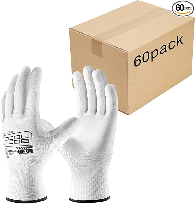COOLJOB 60 Pairs Safety Work Gloves Pack Bulk with Grip PU Coating, 13 Gauge Seamless Knit Gloves with Polyurethane Dipped for Warehouse Working, Breathable Lightweight for Men Women, White Small