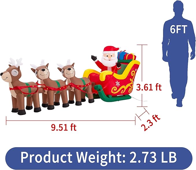 9.5 FT Christmas Inflatable Santa Claus on Sleigh with 3 Reindeer, Blow Up Santa, Christmas Inflatable Outdoor Decorations with Built-in LED Lights for Indoor, Garden, Lawn, Holiday, Party