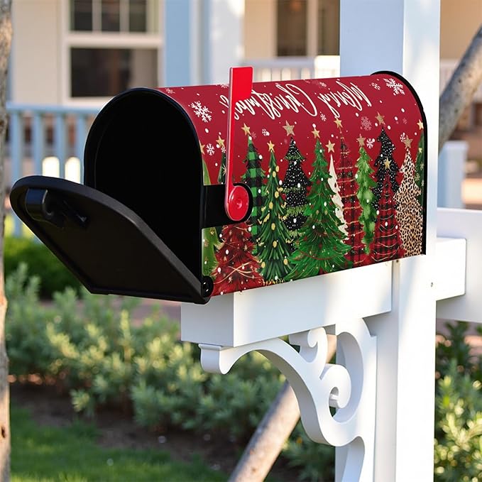 Merry Christmas Large Mailbox Covers Magnetic Oversized Xmas Tree Mail Box Cover Winter Snowflake Mailbox Wraps for Outside Garden Yard 25.5x21 inch Happy New Year Red