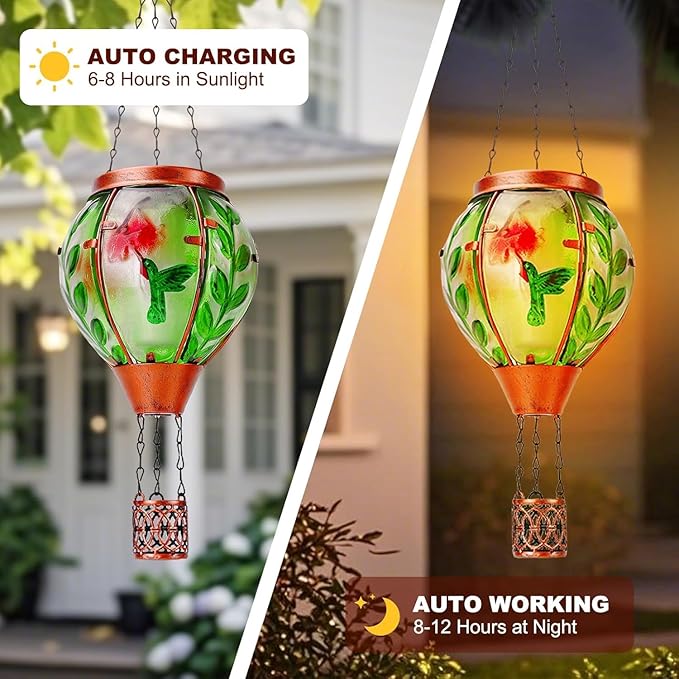 Solar Hot Air Balloon Lantern with Flame, Hummingbird Outdoor Solar Lanterns for Outside Garden Yard Farmhouse Patio Pathway Decoration, Hummingbird Gifts for Women Grandma Mom（2Pack