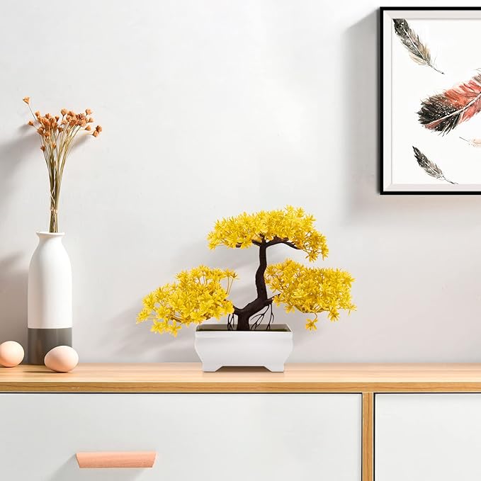 Mini Artificial Bonsai Tree Plants with Plastic Cement Pots for Home Office Décor(Yellow)