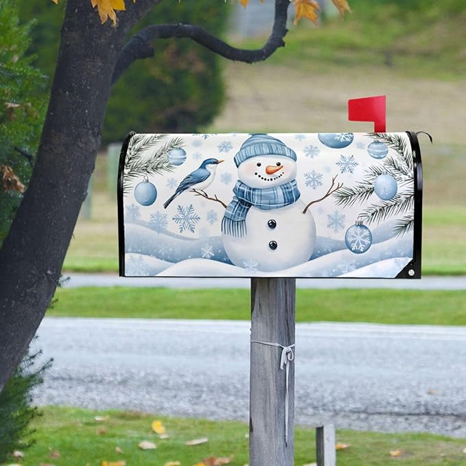 SUABO Mailbox Cover Blue Snowman with Bird Standard Magnetic Mailbox Covers Wraps for Christmas Home Yard Garden Decor