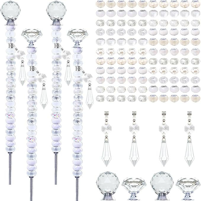 Exway 100 PCS DIY Fairy Wand Beaded Garden Stake Beads Kits with White Large Hole Beads 4 Crystal Stopper Top Threaded Rods and 4 White Sparkling Crystal Pendants for Outdoor Indoor Decor