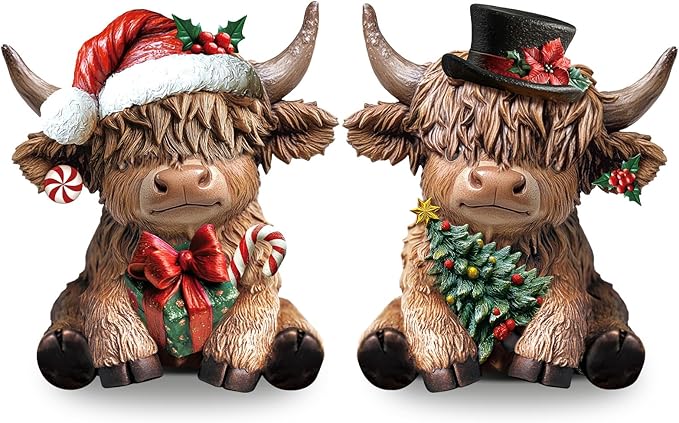 Karenhi 2 Pcs Christmas Highland Cow Decor, Resin Highland Cow Figurines Christmas Gnomes Gift Scottish Statue Calf with Xmas Tree for Calf Lovers Home Garden Kitchen Office Table Decorations