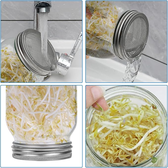 Lulonpon 4 Sprouting Jar Kit, Wide Mouth Quart Mason Jars with Stainless Steel Screen Sprout Lids, 86mm,1000ml,Stand,Tray and Canning Brush,Seed Sprouter Set for Growing Broccoli, Alfalfa, Mung Bean