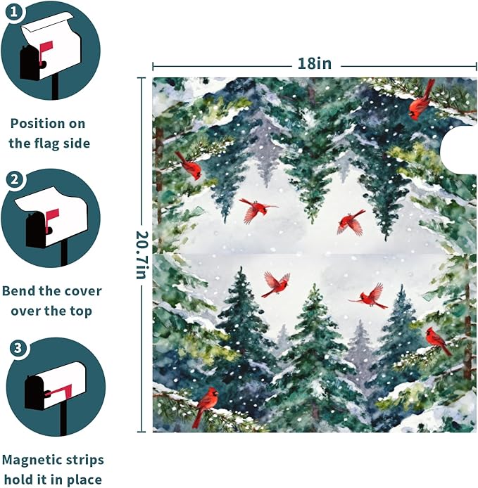 Winter Christmas Tree Mailbox Covers Magnetic Standard Size Green Red Cardinal Bird Snow Scene Theme Outdoor Decorative Holiday Seasonal Letter Box Cases for Home Garden Outside Decor, 21x18 Inch