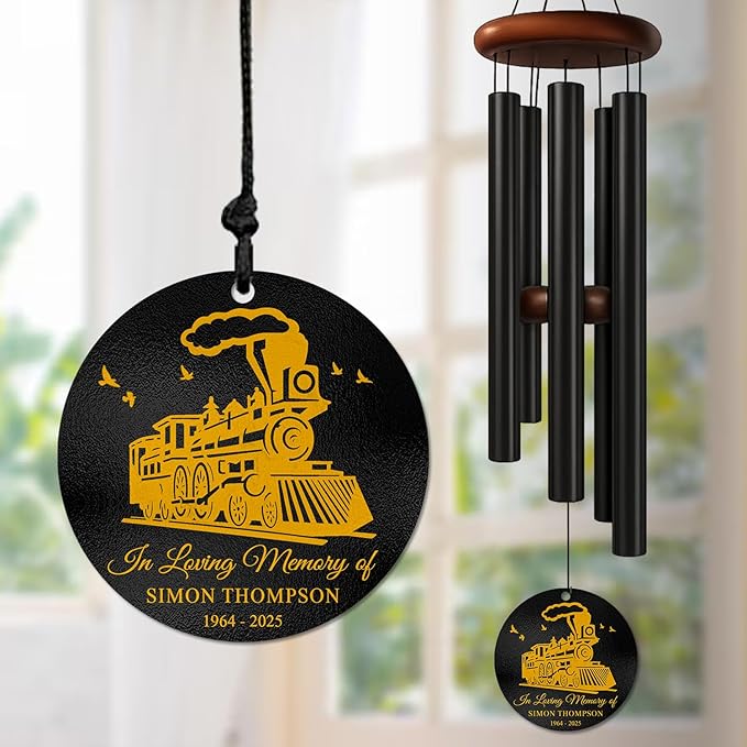 Personalized Train Memorial Wind Chimes for Outdoors – Custom Name & Years Remembrance Gift – Memory Chimes for Loss Loved Ones – Sympathy Gifts for Loss – in Loving Memory Railway Tribute Décor