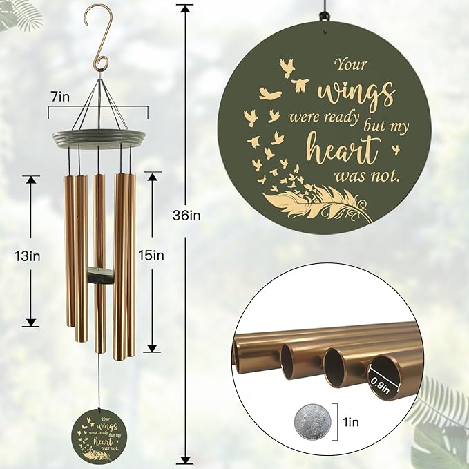 Sympathy Wind Chimes, Personalized Memorial Wind Chimes for Loss of Loved Ones, Feather Heaven Sympathy Gifts, Deep Tone Wind Chime for Condolences/Funeral 36inch (Produced in USA)