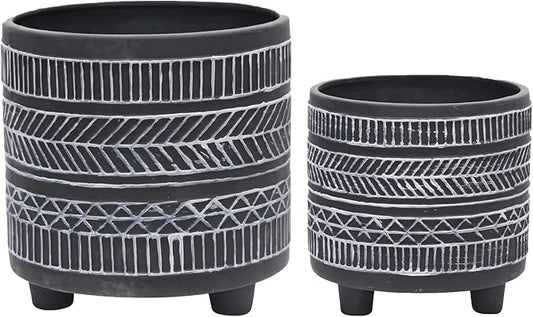 Set of 2 Tribal Look Footed Decorative Planter Pot – Ceramic Stoneware Outdoor and Indoor Plant Pot – Modern Garden and Home Decor Planters – 6" and 8", Black