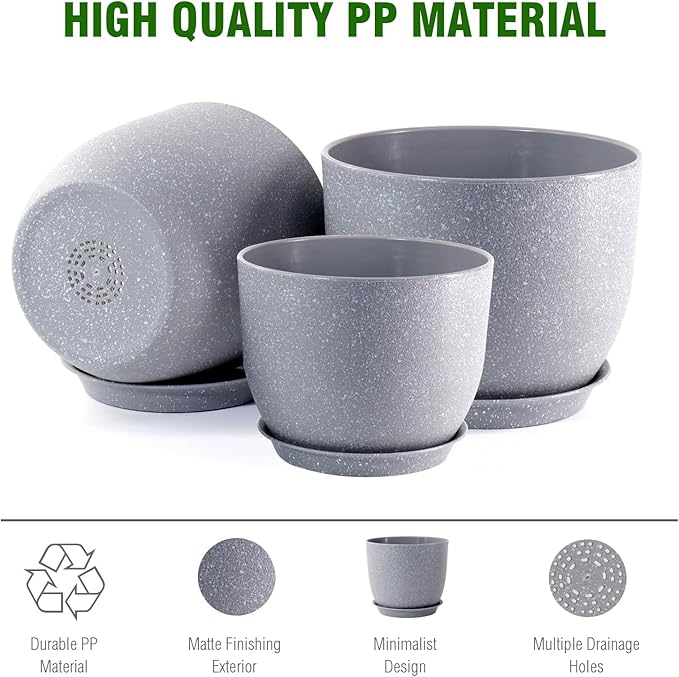 12/10/9 inch Large Plant Pots, 3 Pack Modern Decorative Plastic Planters with Drainage Holes and Saucer for House Garden Plants, Flower Pots for Indoor Outdoor Plants, Speckled Grey
