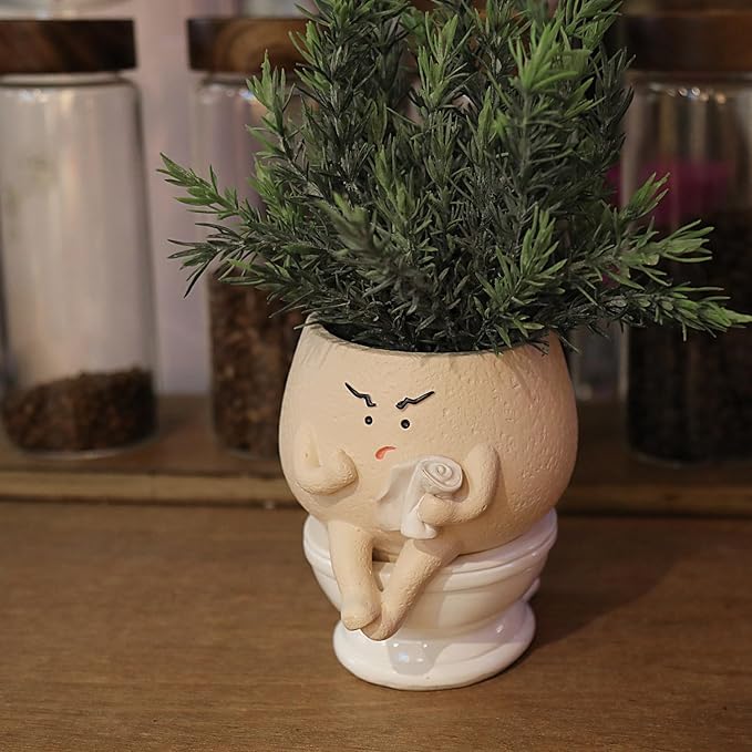 Cute Face Self Watering Planter Pot with Drainage Hole Funny Toilet Plant Pot for Indoor Outdoor Unique Head Planters for Bathroom Gift Ideas for Mother, Christmas