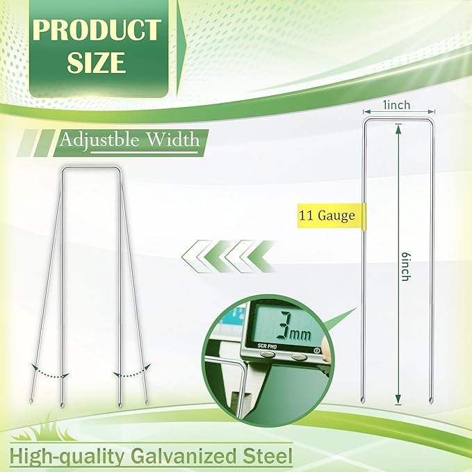 Qiang Ni Garden Stakes Adjustable-Width: 6 Inch U-Shaped Landscape Staples 11 Gauge - Hot-dip Galvanized Steel Outdoor Decoration Anchors SOD Pins for Yard Tent Fence Ground Stakes - 50 Pack