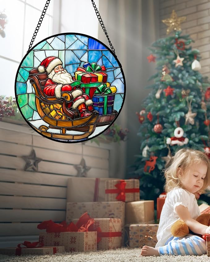 Stained Glass Window Hanging - Santa Claus Gift BoxSuncatcher for Doors Home Christmas Decoration Winter Sun Catcher Thanksgiving New Year Birthday Gift for Women Men Mom Nana 15 in